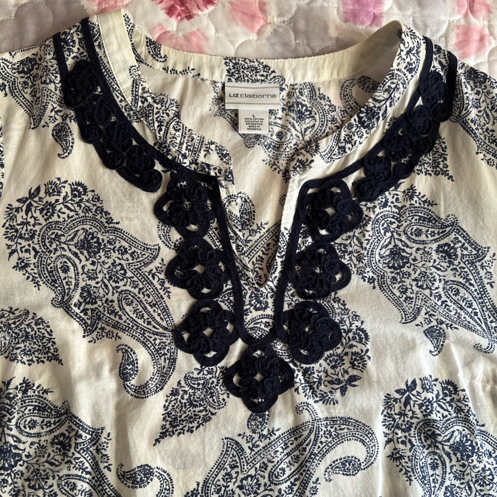 Liz Claiborne Navy and White Paisley Tunic Embroidery 3/4 Sleeves 100% Cotton LG - Picture 5 of 11